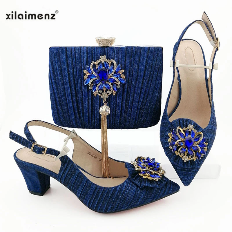

Sweet Style Design Italian Sandals with Matching Bags Set Decorated with Rhinestone African Pointed Toe Shoes for Women Part