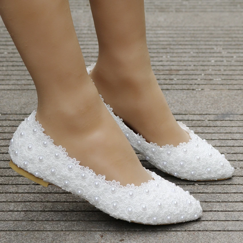 

Large size women's shoes lace pearl flat shoes pointed banquet wedding shoes 2018 new simple sweet single shoes