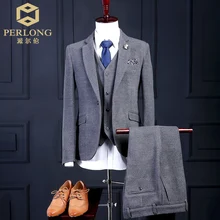 Шерстяной серый индивидуальный заказ Для мужчин костюм пиджаки для женщин в стиле ретро обувь, изготавливаемая на заказ slim fit свадебные костюмы жениха платье Вечерние смокинг комплект из 3 предметов