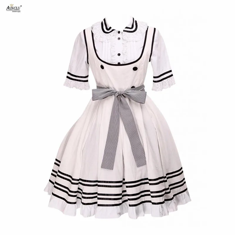 

2018 Ainclu Sweet Lolita Dress Womens Beige White Cotton Short Sleeves Bow Belt Cosplay XS-XXL Lolita Cute Dress