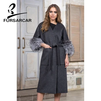 

FURSARCAR 2019 Luxury Real Fur Coat Women Elegant Winter Wool Skin Jacket With Big Silver Fox Fur Cuff Fashion Slim Fur Coat