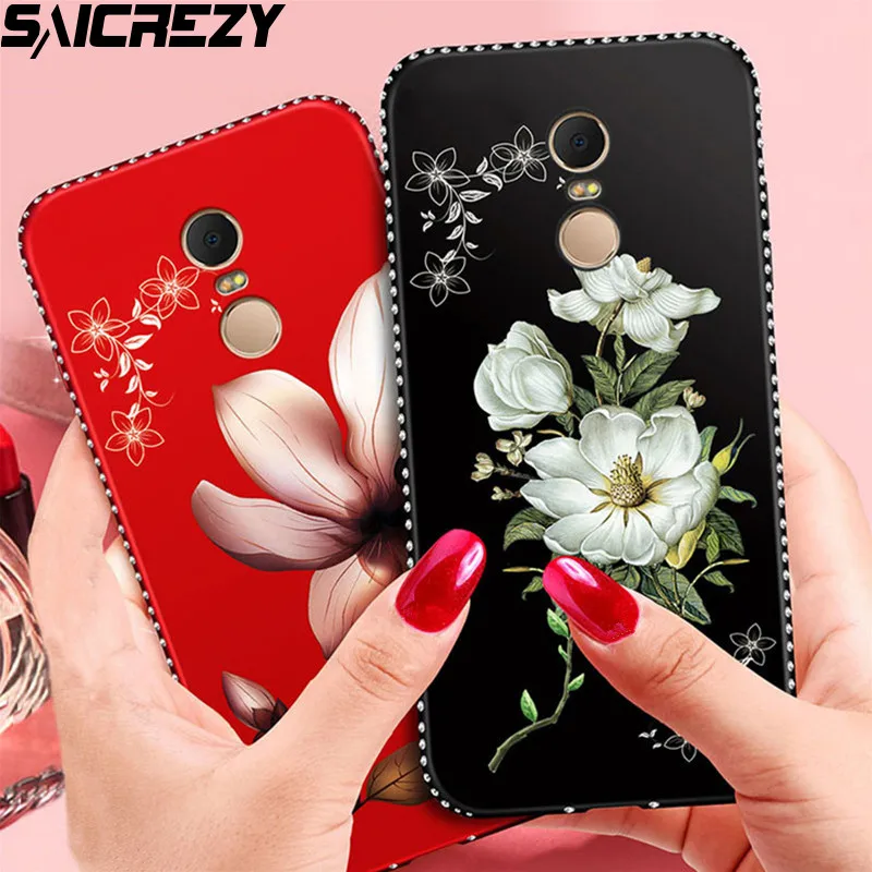 

5 Plus Rhinestone Frame Case For Redmi 6 6A 7A Y1 Y2 Note 3 4 4X 5A Prime 7 Luxury 3D Relief Flower Pattern Soft Silicone Cover
