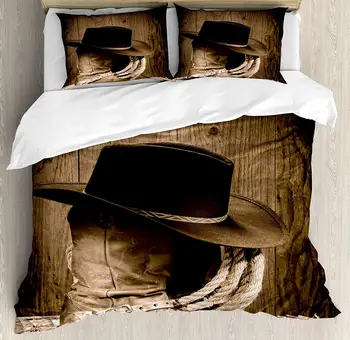 

Western Decor Duvet Cover Set Wild West Themed Cowboy Hat and Old Ranching Rope On Wooden Display Rodeo Style 4 Piece Bedding