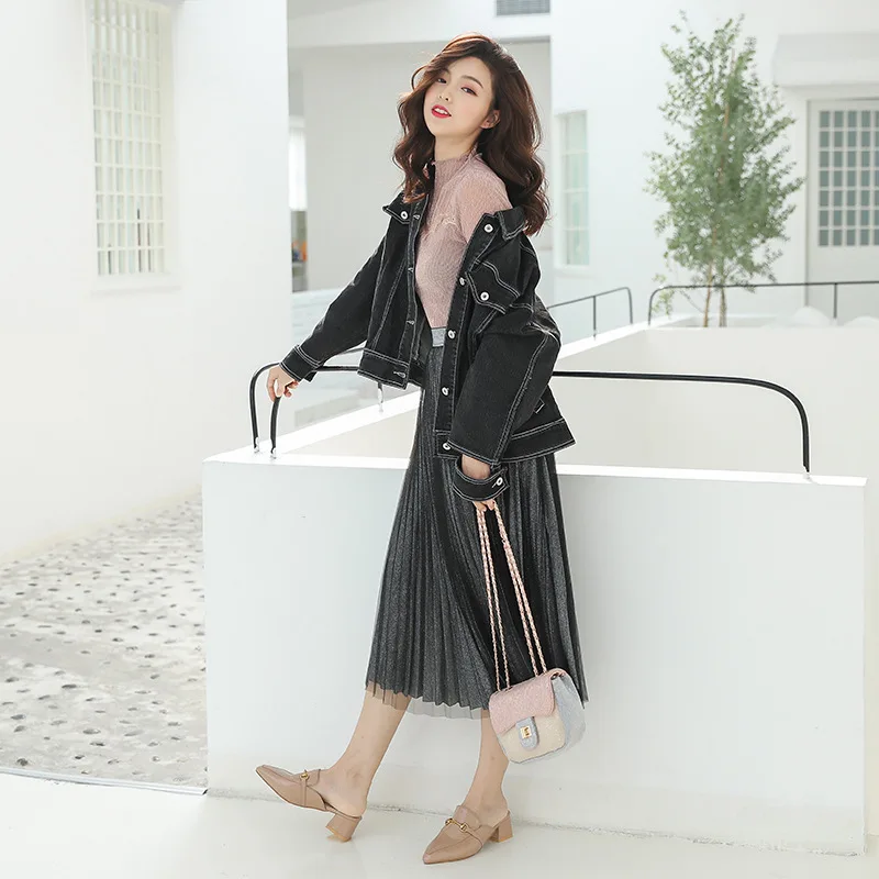 Fashion Retro Turn-down Collar Biker Jean Jacket Women Spring Long Sleeve Basic Coat 2019 New Arrival Womens Black Denim Jacket