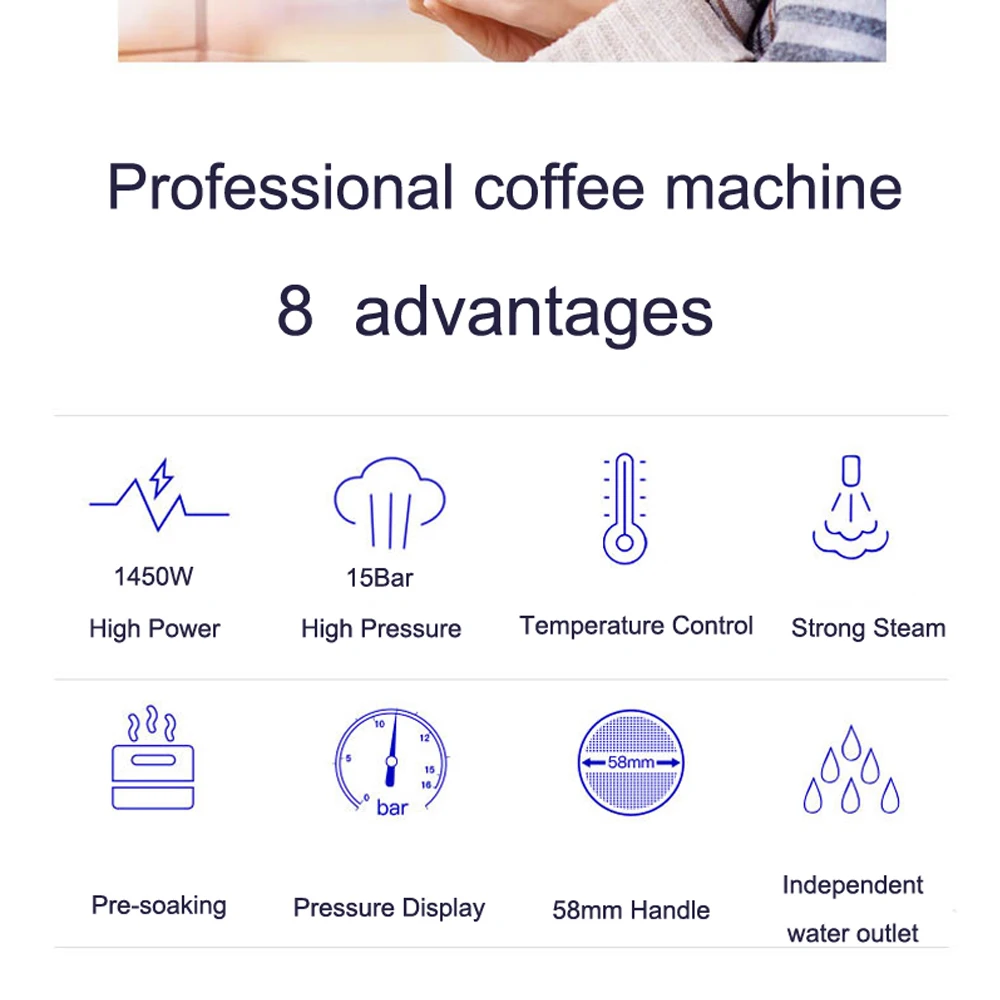 ITOP Italian Coffee Machine 15Bar/1450W/1.7L Espresso Coffee Maker Semi-automatic Milk Foam Electric Coffee Maker
