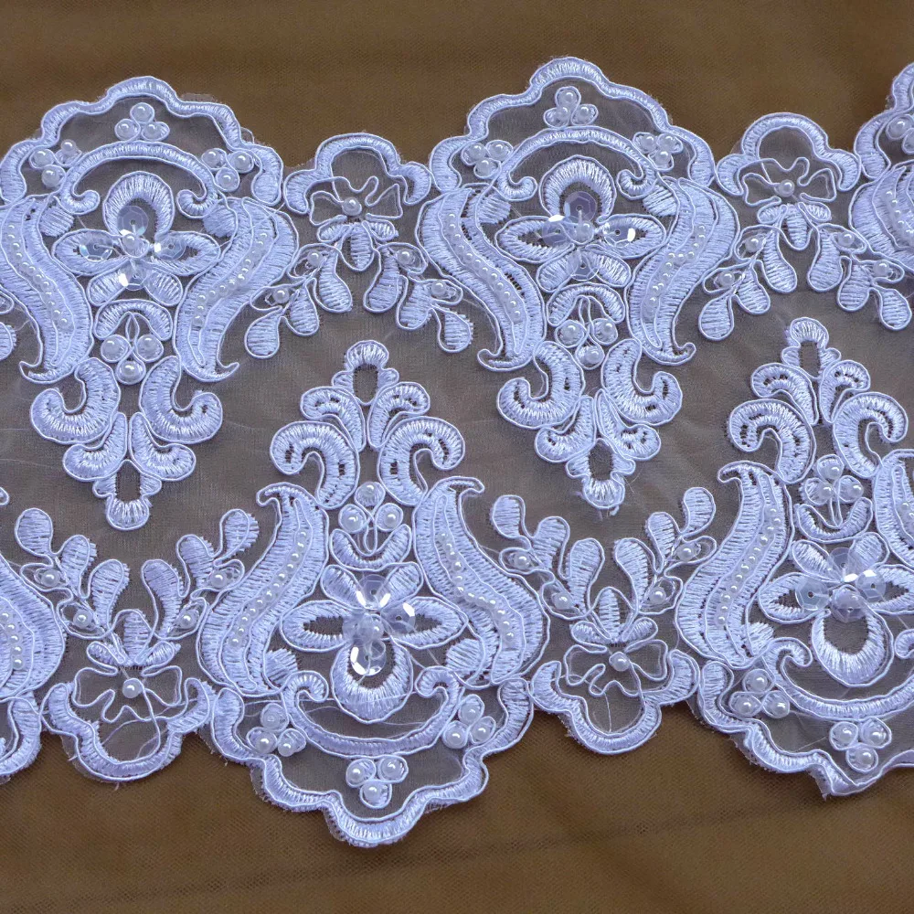 5 yards 7.5''(19CM) White Bilateral Beaded sequins Embroidery lace trim