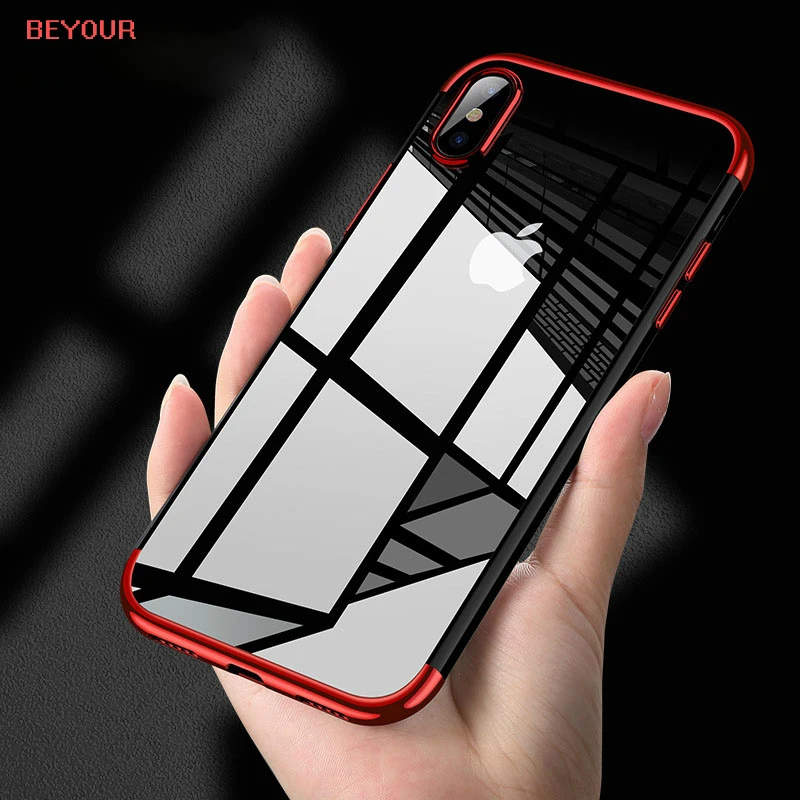 

Luxury Silicone Clear Case for iPhone X 6 6S Plus TPU Soft Plating Frame Transparent Back Cover for iPhone 7 8 Plus XS Max XR