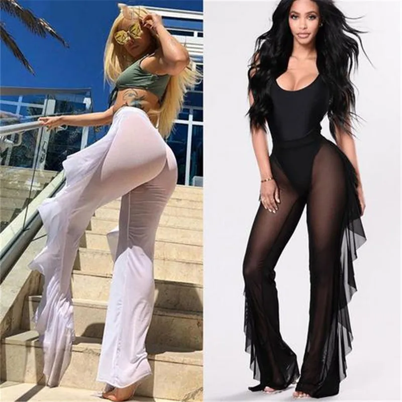 Women Fashion Ruffles Beach Trousers Ladies Summer Transparent Bikini Cover Up Elegant High Waist Playa Beach Cover Up Beachwear Women Fashion Ruffles Beach Trousers Ladies Summer Transparent Bikini Cover Up Elegant High Waist Playa Beach Cover Up Beachwear