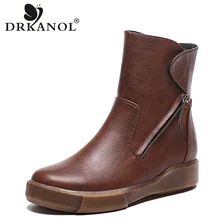 DRKANOL/ дизайн; женские ботильоны с круглым носком; коллекция года; винтажные короткие плюшевые зимние ботинки из искусственной кожи; обувь Martin на плоской подошве