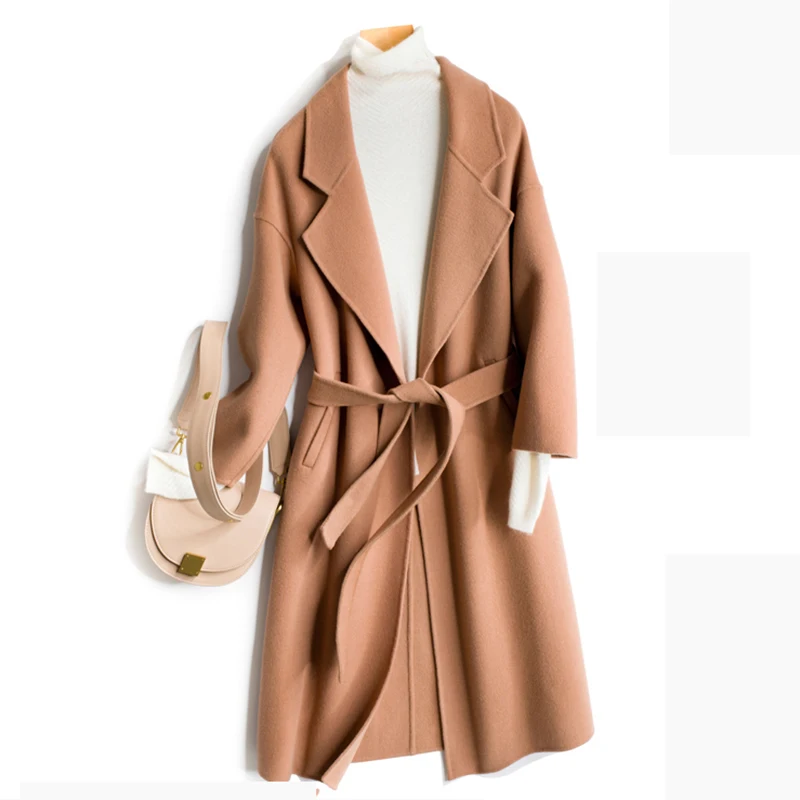 

Autumn and Winter Pure Wool Coat Elegant Long Wool Coat Office Lady Slim Female Overcoat Slim Type Female Pockets Coat