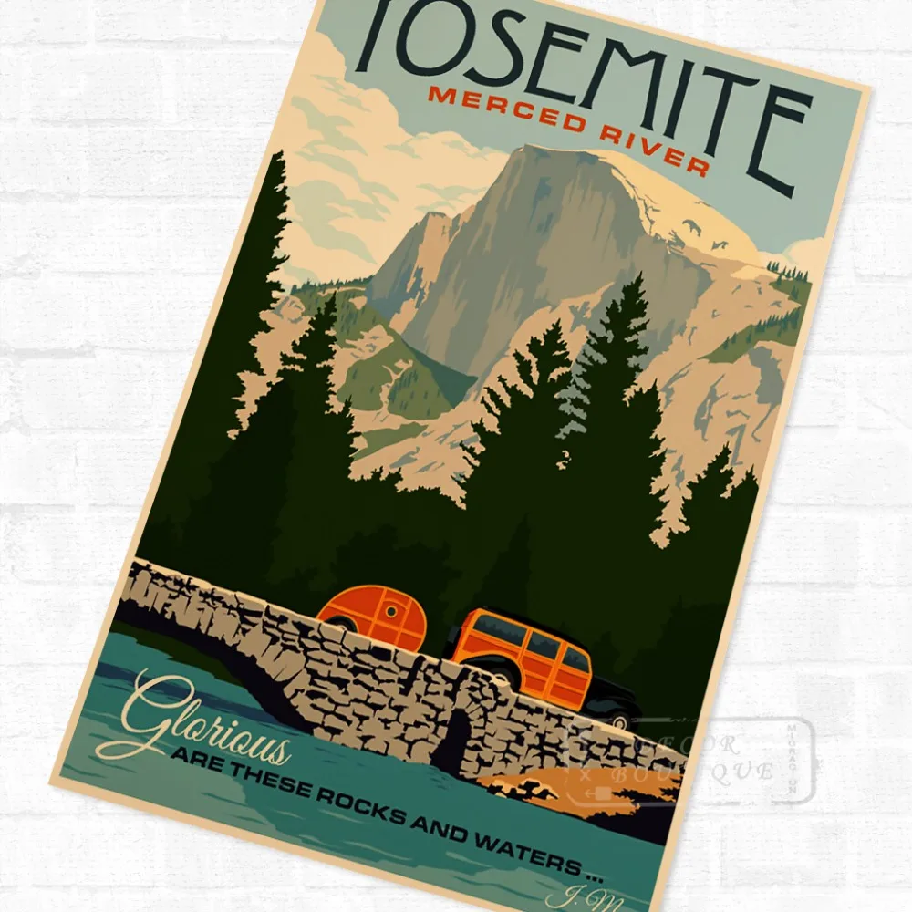 

Pop Art Yosemite Merced River Vintage Retro Travel Kraft Poster Decorative DIY Wall Canvas Sticker Home Bar Poster Decoration Gi