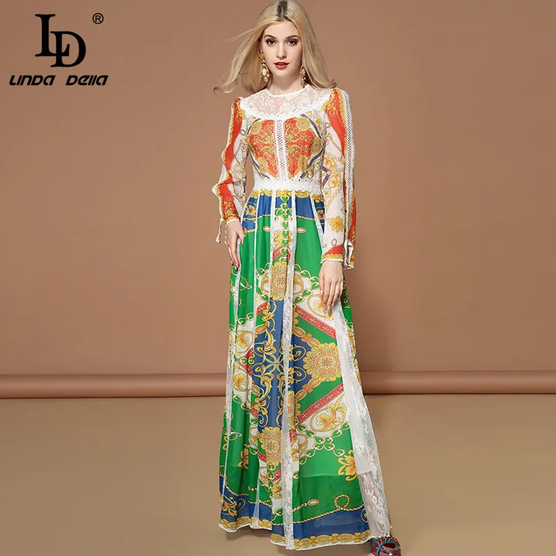 Женские платья в стиле пэчворк LD LINDA DELLA, кружевное винтажное длинное платье с длинным рукавом, цветочным принтом, длинное праздничное платье для вечеринки, весна-лето - Цвет: Многоцветный
