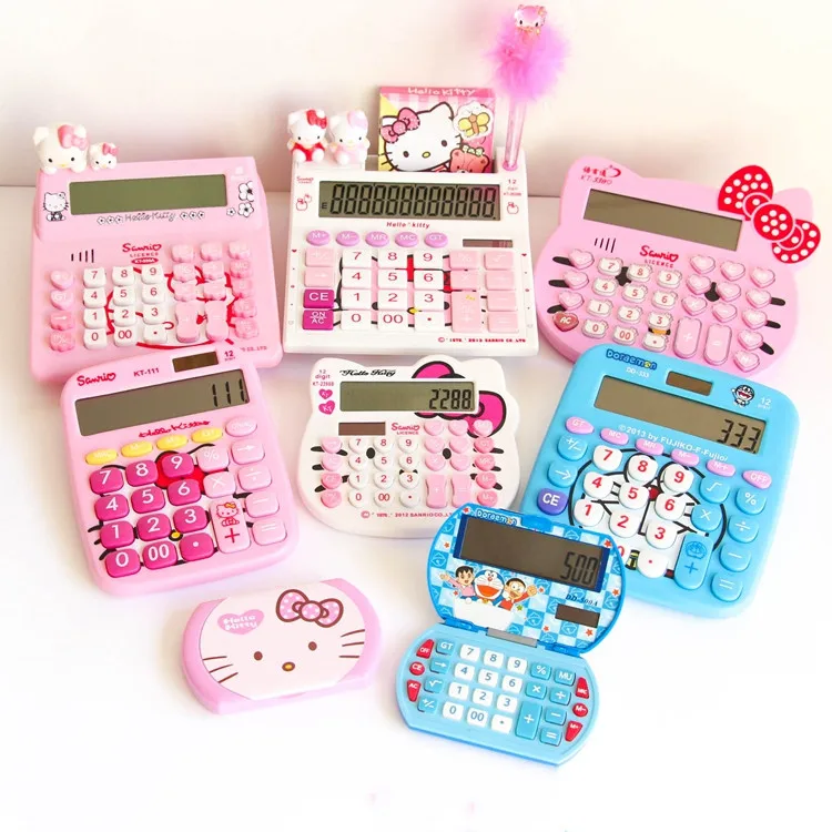 

1 Piece 12 Digit Solar Kawaii Cartoon Pink Cute Hello Kitty Calculator Dual Power Calculadora Office Study Stationery