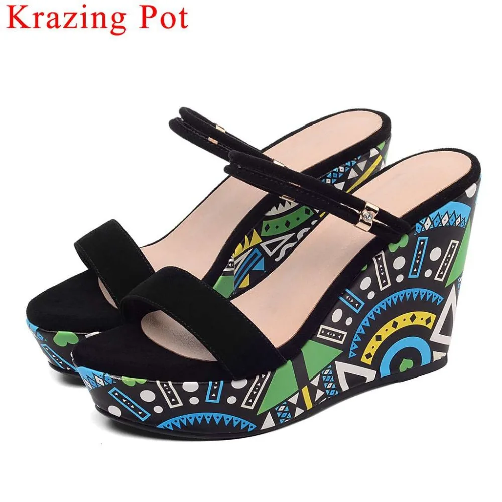 

Krazing Pot new arrival kid suede slip on mules colorful graffiti wedges platform peep round toe mixed colors women sandals L59