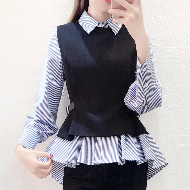 Female Patchwork Shirt Womens Tops Office Blouse Fake Collar ladies Blue Stripe Slim Casual Autumn Warm Shirts Long Sleeve 2PC Female Patchwork Shirt Womens Tops Office Blouse Fake Collar ladies Blue Stripe Slim Casual Autumn Warm Shirts Long Sleeve 2PC