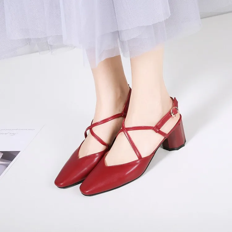 

Big Size 11 12 13 ladies high heels women shoes woman pumps Square head thick heel shallow intersection buckle square heel