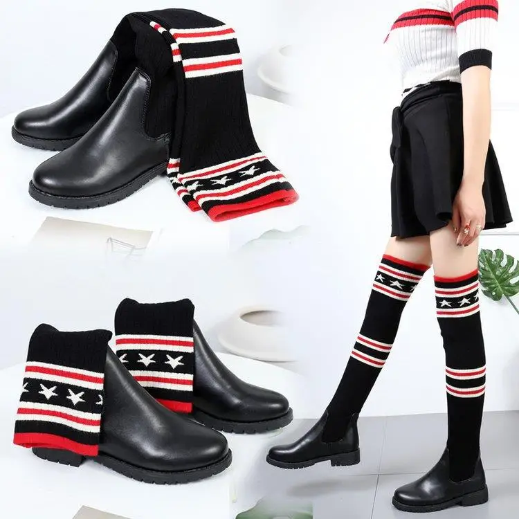 

Brand women's shoes star with the stars socks boots 2018 new women's shoes round head thick with elastic over the knee boots