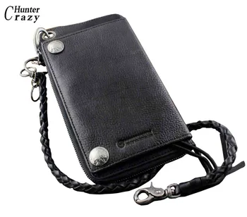 

New Men's Biker Rocker Long Genuine Leather Wallet w/ Purse Chain Black