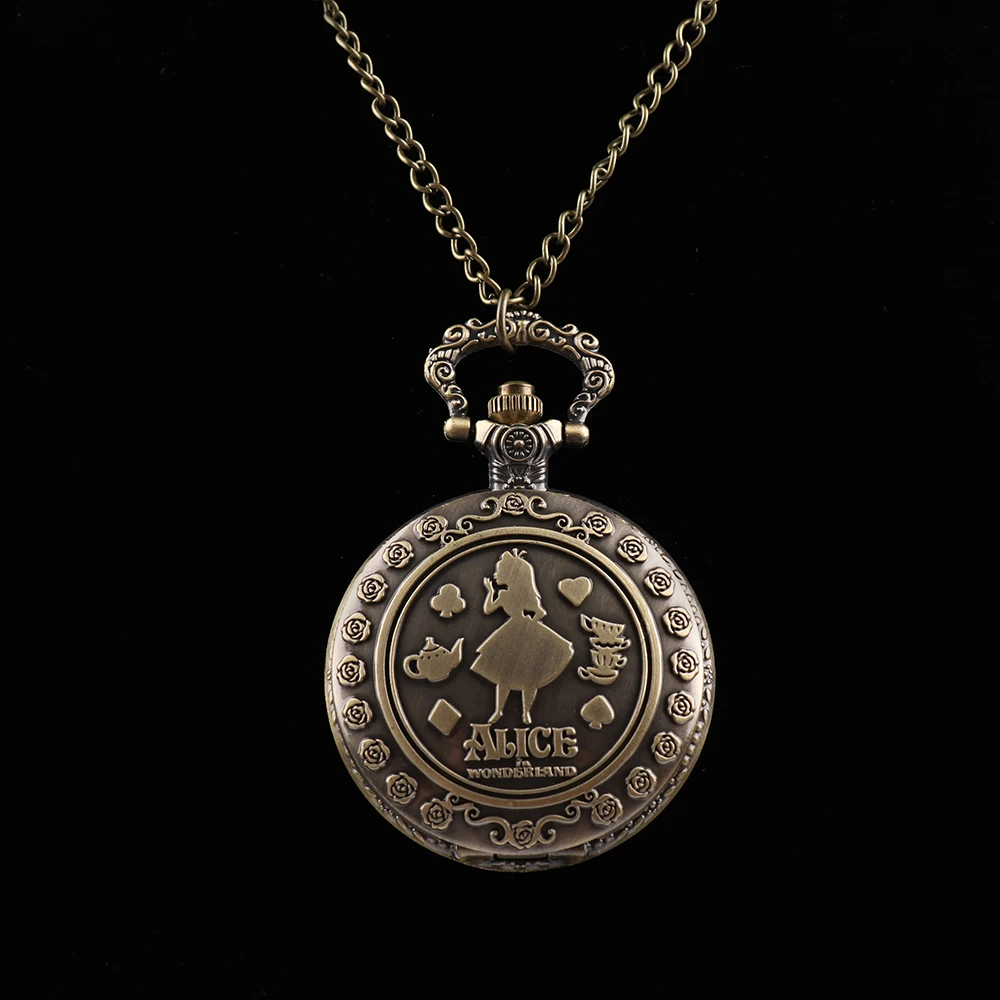 Alice in Wonderland Theme Bronze Quartz Pocket Watches Hot sell Vintage Fob Watches Time in the 5