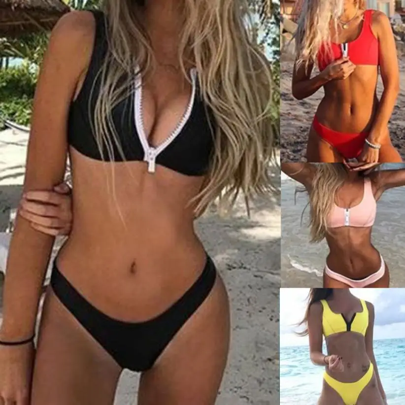 

Womail Swimwear Women 2018 Sexy Brazilian Bikini Set Solid Swimsuit zipper Push Up Padded Bra Swiming suit maio feminino praia