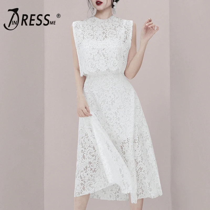 

INDRESSME 2019 Women Solid Lace Floral Two Piece Sets Spaghetti Strap Sexy Hollow Out Dress With Sleeveless Overclothes Sets