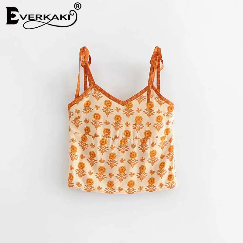 Everkaki Boho Camis с цветочным принтом, топ, женские кисточки, шнуровка, v-образный вырез, цыганский богемный летний топ, Camis, женские, летние новые - Цвет: Orange