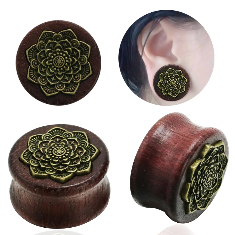 

1 Pair New Wood Ear Plugs Mandala Logo Ear Expander Piercing Flesh Ear Tunnel Body Jewelry 10-22mm