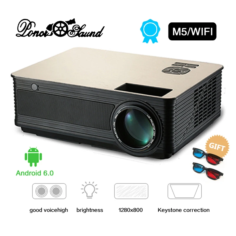 

PonerSaund M5 WiFi Full HD LED Projector 4500Lumens Double HIFI speakers Android6.0 WiFi Bluetooth Support 1080P Beamer HDMI
