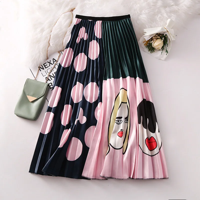 Летние женские миди юбки, корейская мода, женская плиссированная юбка трапециевидной формы с мультяшным принтом и высокой талией для женщин - Цвет: W81Q609B-PK-F
