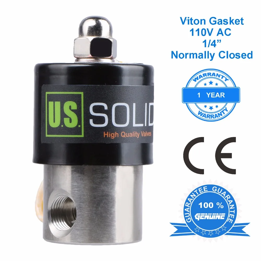 

U.S. Solid 1/4" Stainless Steel Electric Solenoid Valve 110V AC, Normally Closed for Water, Air, Diesel, CE Certified