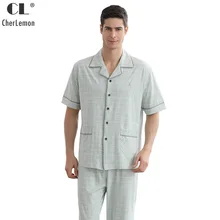 CherLemon мужские Цветной хлопок Летние пижамы мужской классический Клетчатый узор пуговицах короткий рукав длинные брюки пижамы M-4XL