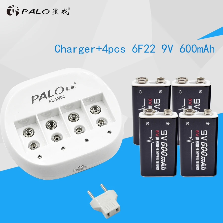 

PALO 4 slots 9V Battery Charger for 9v 6f22 Li-ion Lithium battery + 4Pcs 600mah 9v Li-ion rechargeable batteries