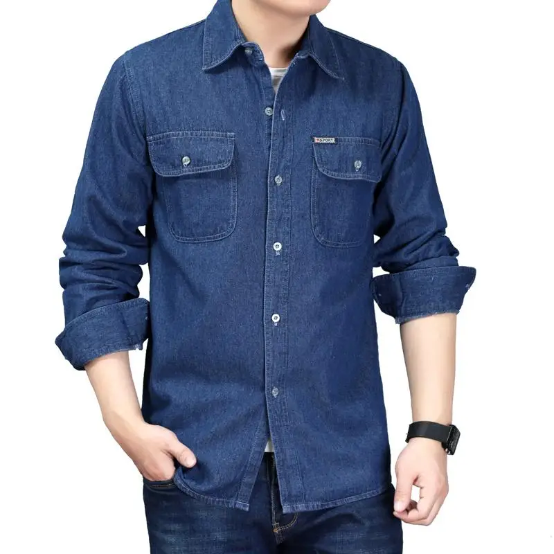 Thintenda, мужская рубашка, бренд, мужские рубашки с длинным рукавом, повседневные, одноцветные, деним, облегающие рубашки, Мужская джинсовая рубашка с длинным рукавом, Chemise Homme, джинсы - Цвет: Синий