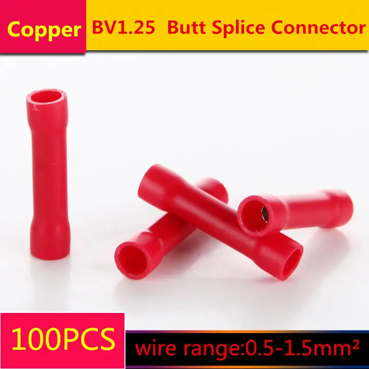100 шт./лот T041 BV1.25 красный стыковый соединитель Тип Шва кабель провода столярная изоляция обжимной клеммы для 0,5-мм2 22-16AWG