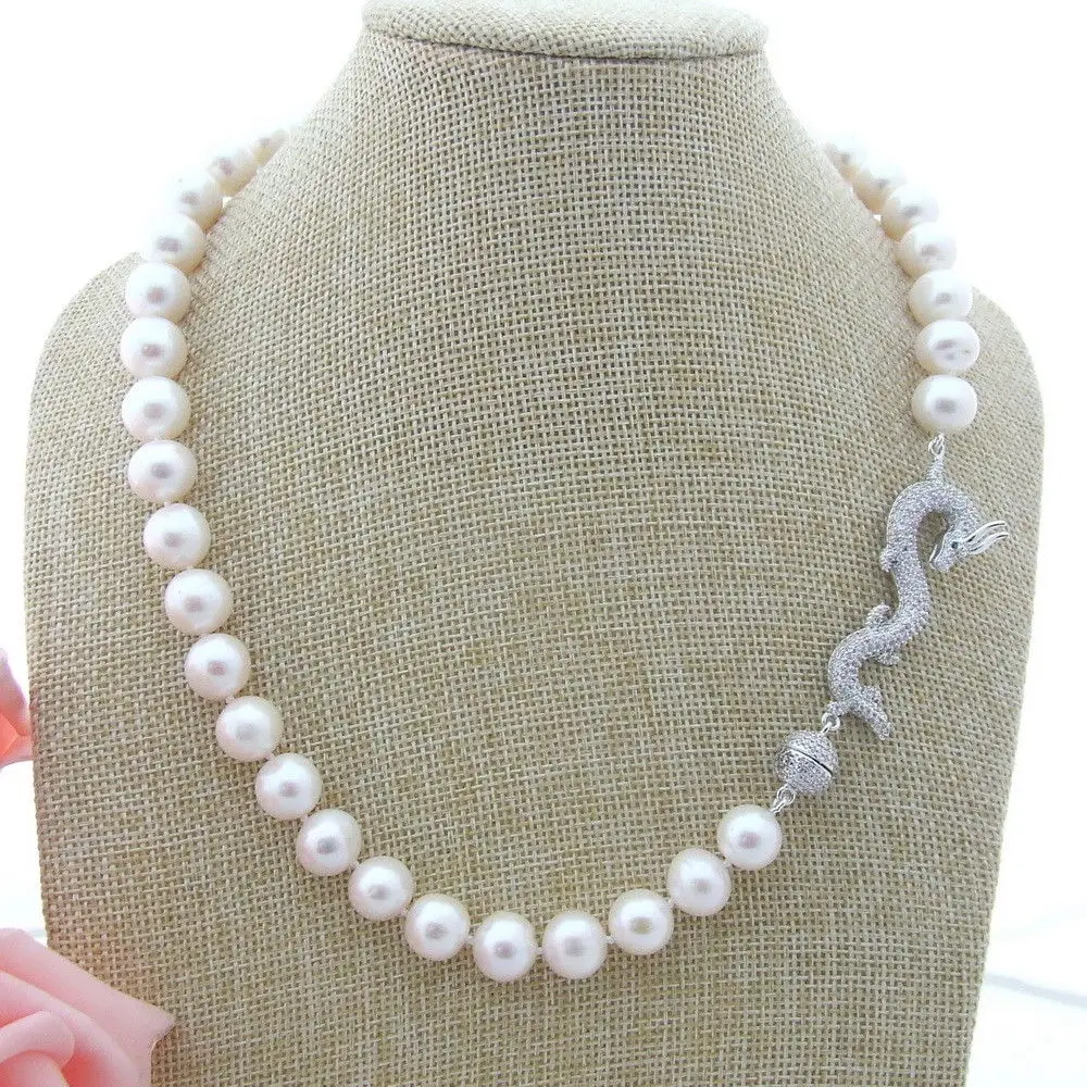 

NEW Fancy Design Natural freshwater pearls 19" White 9-10MM Pearl Necklace CZ Dragon Clasp