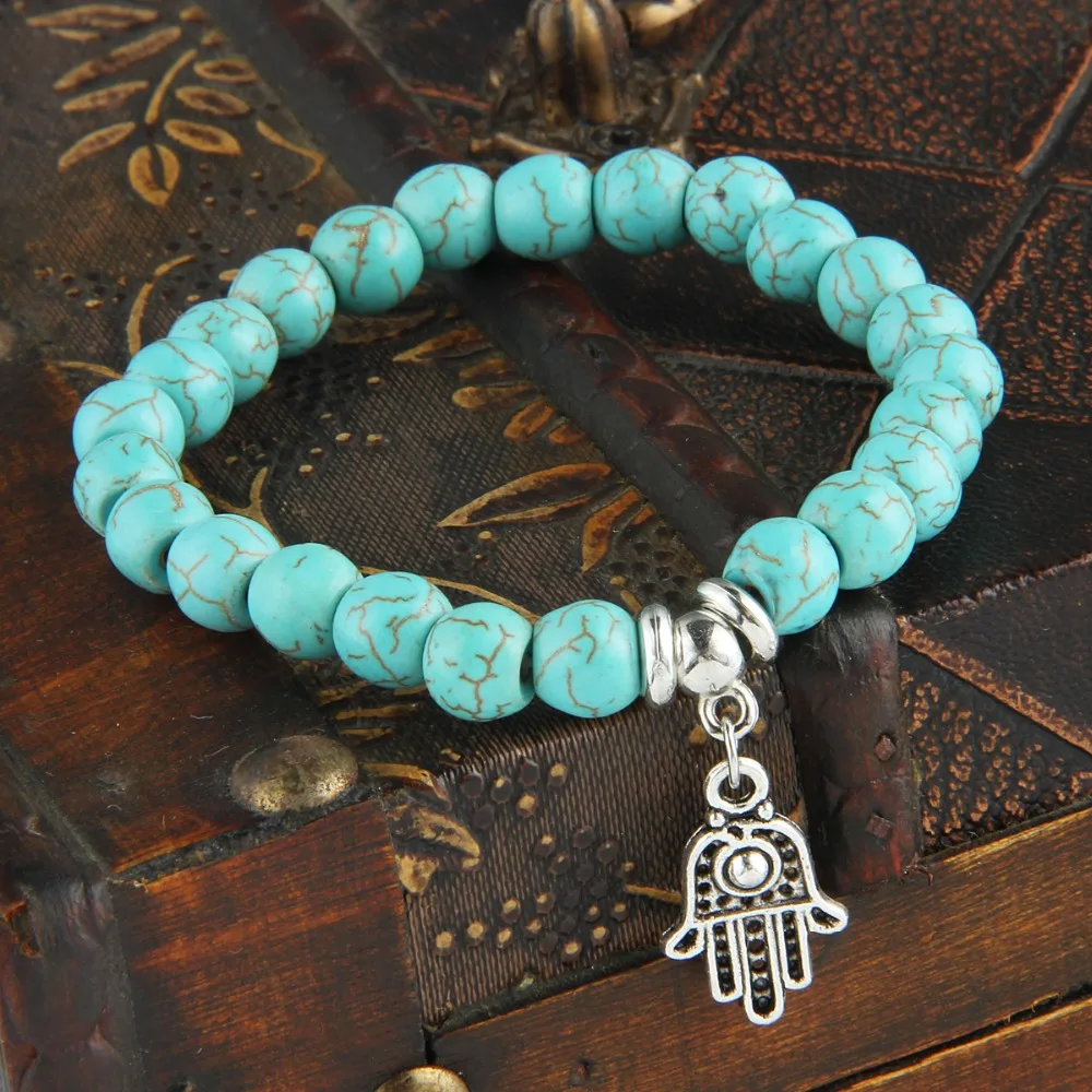 Bespmosp Fatima Buddha Hand Religion Pendant Bracelet Blue Bead