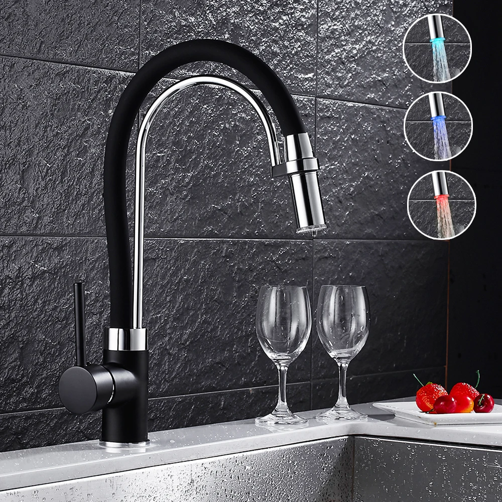 

LED Kitchen Faucet Black 3 Color Changing Deck Mounted Swivel One Hole Pull Down Different LED Light Color Faucet Kitchen