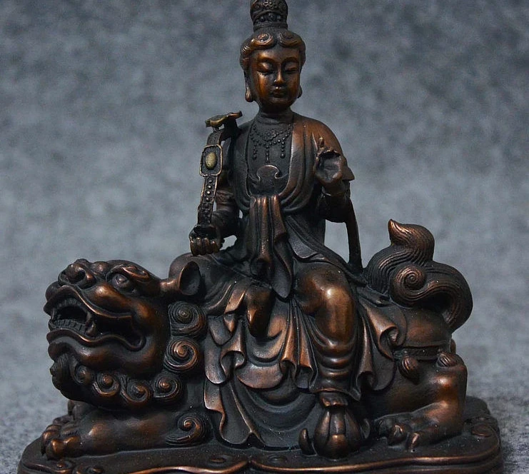 

5" Old China Buddhism Bronze Manjushri Bodhisattva Hold RuYi Ride Lion Statue