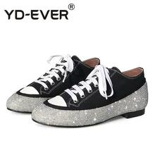 Yd-ever парусиновые женские туфли на плоской подошве со стразами; блестящие туфли; мягкие лоферы с острым носком; большие размеры; обувь на шнуровке; сезон весна-осень