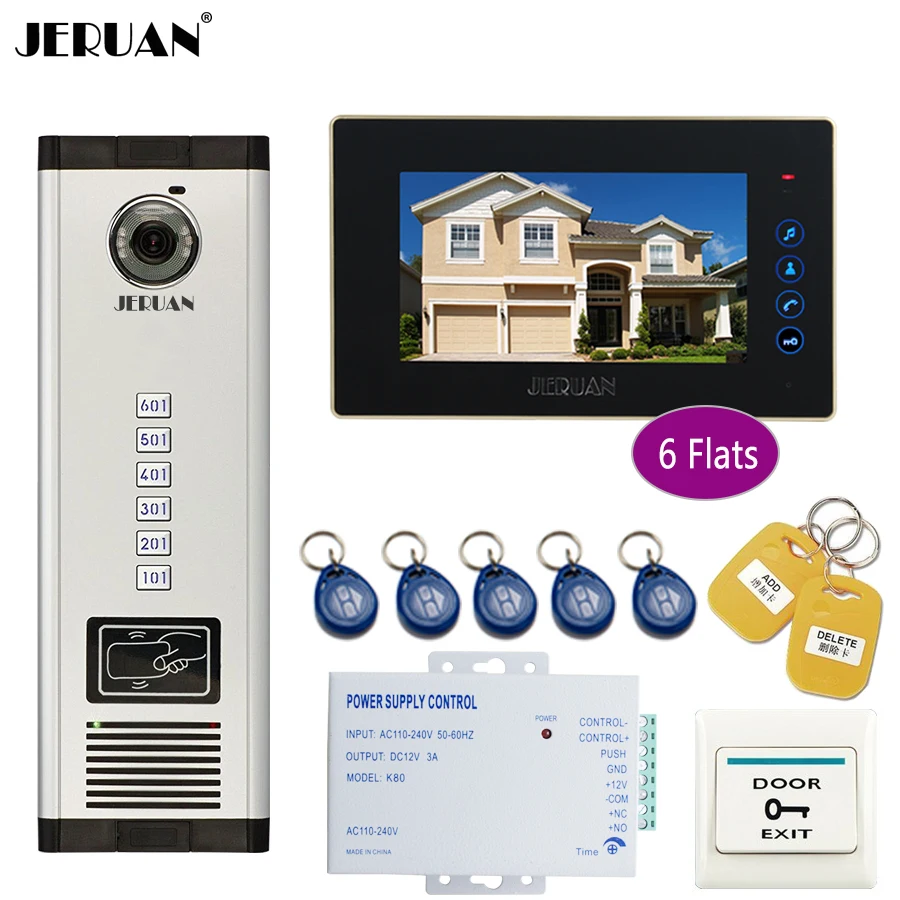 JERUAN Apartment 7 Inch LCD Monitor 700TVL Camera Video Door Phone Intercom Access Home Gate Entry Security Kit for 6 Families