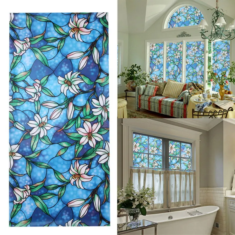 

Decorative Films w/ Leaf Grape Magnolia Orchid Flower Cobblestone Static Cling Stained Glass Window Film