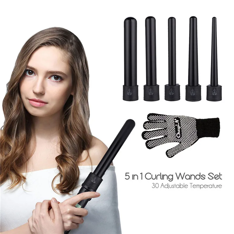 

Interchangeable Hair Curler Professional Hair Curl Irons Curling Wand Roller Styling Tools LCD Display Hair Curler With Glove