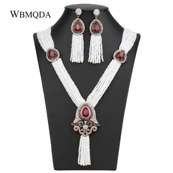 

New Arrivals 2 Pcs/lot 2020 Ethnic Nigerian Wedding Tassel Handmade African Beads Necklace Earrings Jewelry Sets For Women