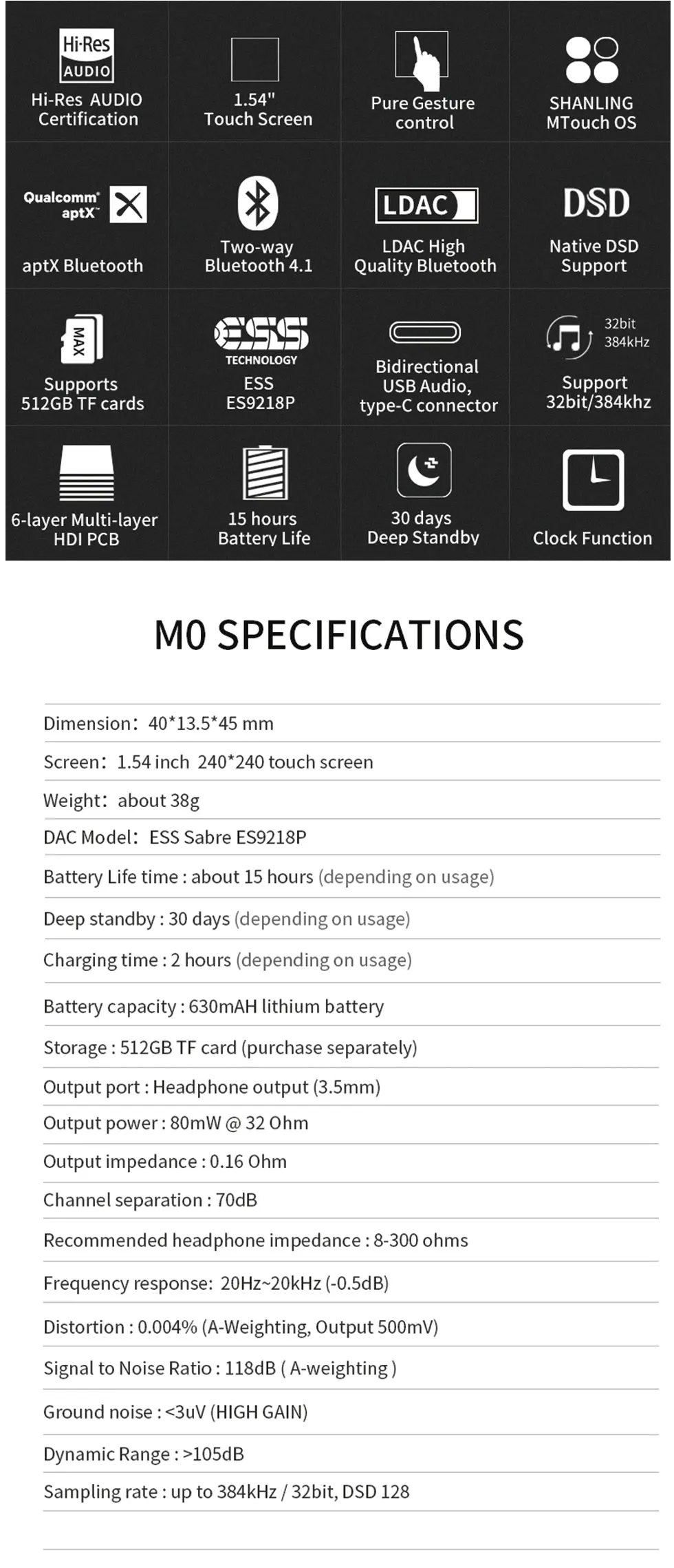 SHANLING M0 mp 3 плеер es9218p dac hi fi музыкальный плеер 32 бит/384 кГц Bluetooth AptX LDAC DSD для бега спорт