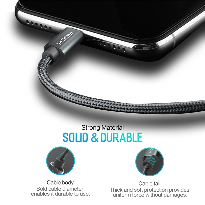 ROCK USB Micro USB Cable para Samaung Xiaomi rápido de carga de Metal de Nylon trenzado de Cable de sincronización de datos 1,8 m 1 m Cable para teléfonos inteligentes Android