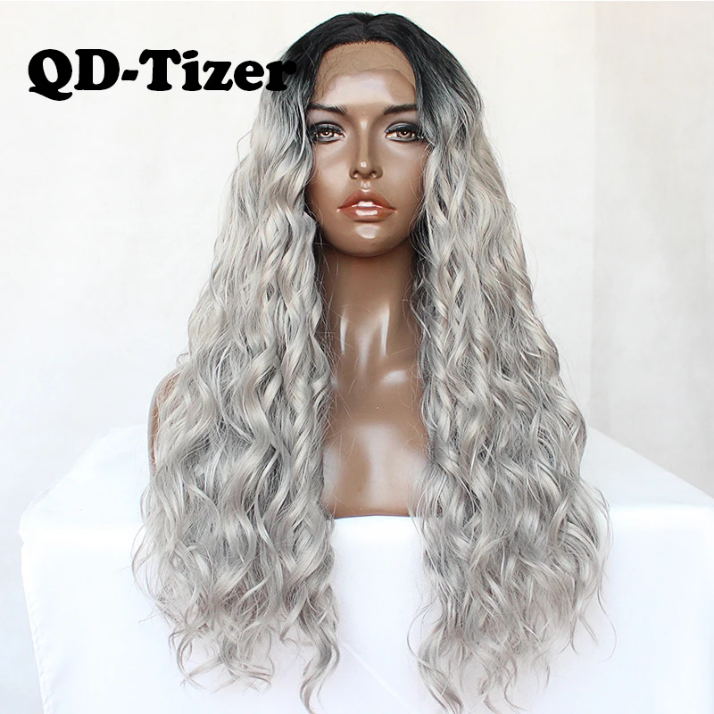 

QD-Tizer 180% Density Ombre Grey Loose Hair Synthetic Lace Wigs Long Loose Wavy Synthetic Lace Front Wigs for Black Women