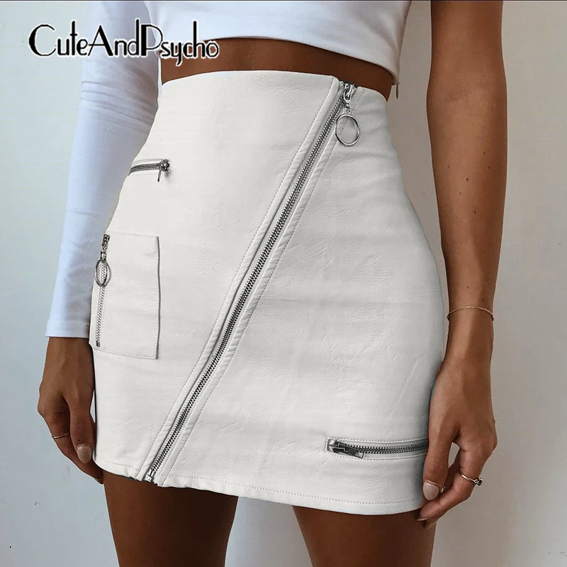 

2019 Leather ALine Sexy Skirt Woman White Zipper Pocket Skirts High Waist Mini Short Skirt Summer Punk Gothic Style Cuteandpscho