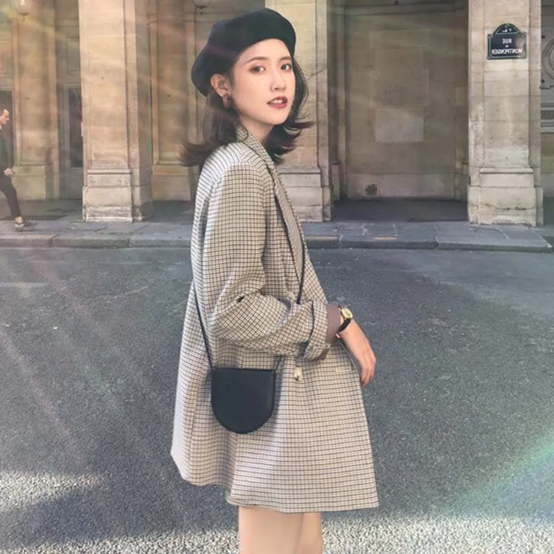 Vintage Double Breasted Office Ladies Plaid Blazer Women Long Sleeve Loose Houndstooth Suit Female Jacket Women's Blazers 2019