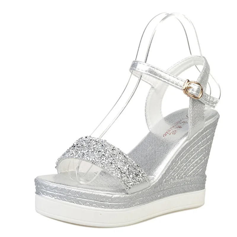 

High heels sandals women shinning glitter silver gold platform wedges 2019 summer ladies open toe casual shoes pumps hot