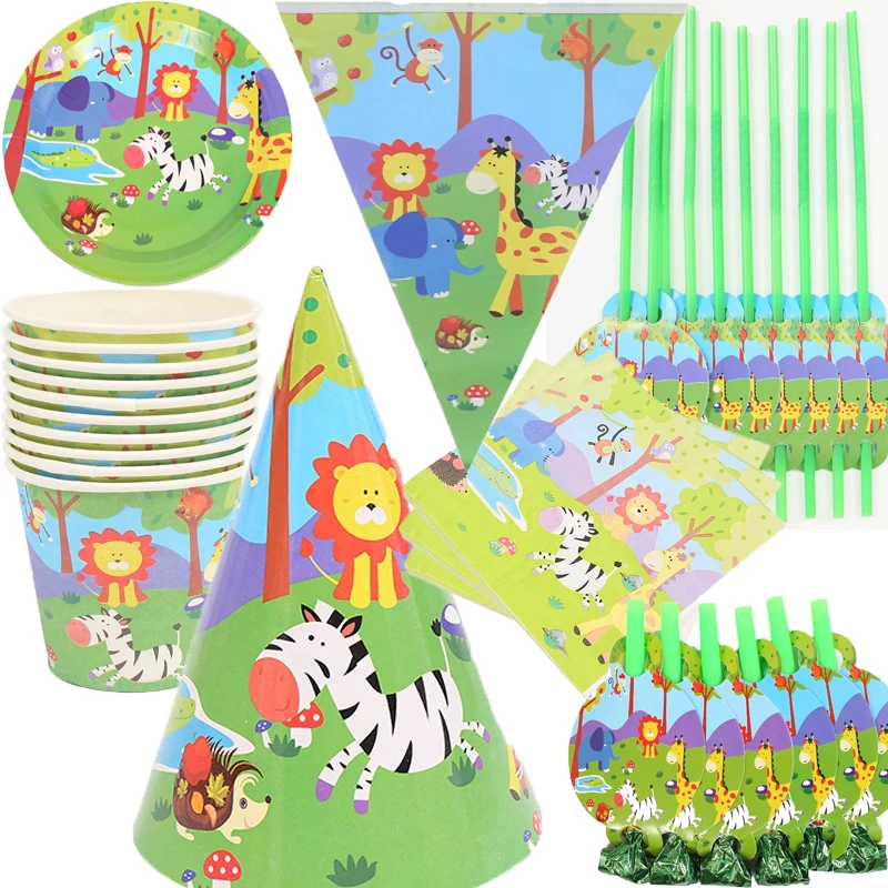 

Lion jungle zoo Theme Party Supplies Paper Cup Plate Napkin Flag Hat Cap Straw Kids Birthday Party Disposable Tableware